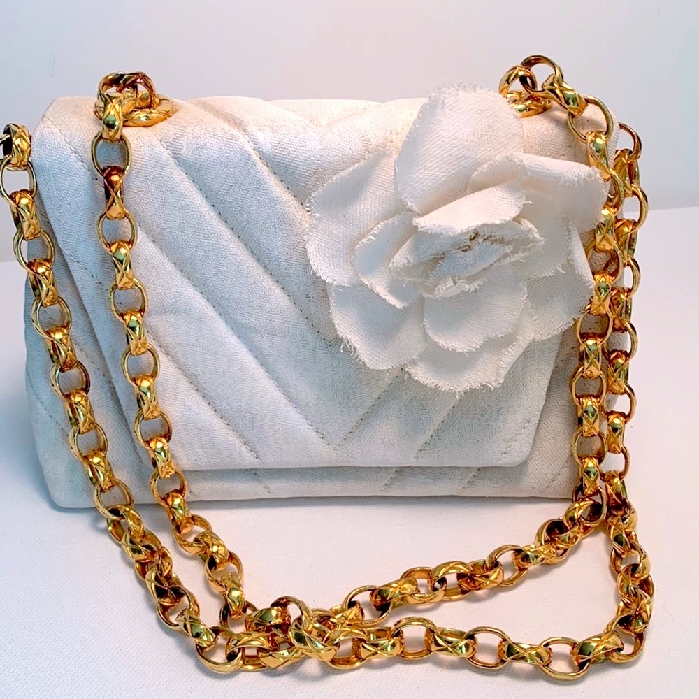CHANEL Vintage RARE Chevron Matelasse Vegan Fray Camellia Bijoux Bag 24k Gold 🤍
